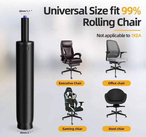 Office Chair Gas Cylinder Replacement Kit With 6 Inch Stroke Heavy Duty Hydraulic Piston, 1000 Lb Capacity, compatible with various chairs, shown with measurements.