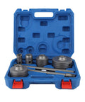 Premium 9-piece Concrete Hole Saw Drill Bit Kit With SDS Plus Arbors And Steel Mandrels For Tough Brick Stone Cement Jobs Featuring Carbide Teeth And Sizes From 30mm To 100mm For Serious Pros. Open blue case with concrete hole saw bits and arbors