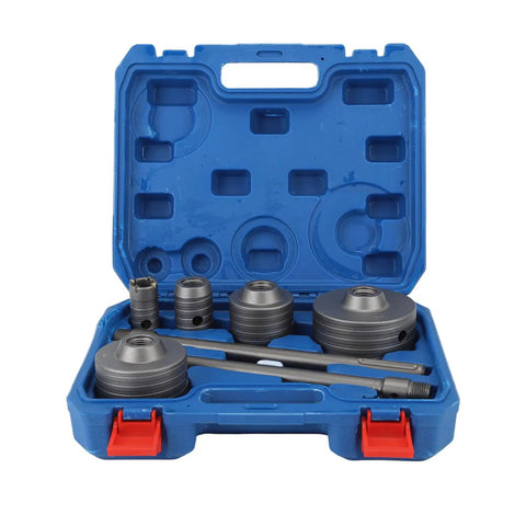 Rock Solid EBTOOLS 9 Piece Concrete Hole Saw Kit with Shank Featuring Carbide Tipped Bits For 30 40 65 80 And 100mm Masonry Tasks To Drill Holes Like A Pro. open blue case with carbide tipped concrete hole saws and shanks