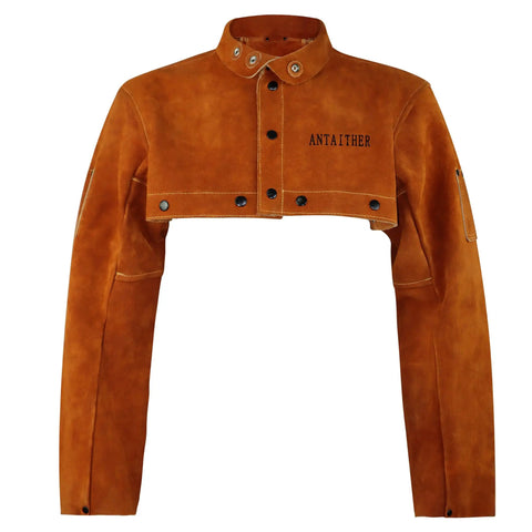 Front view of Leather Welding Jacket With Open Back And Cape Sleeve, Bib Apron Style Welder Coat, size Medium, cowhide
