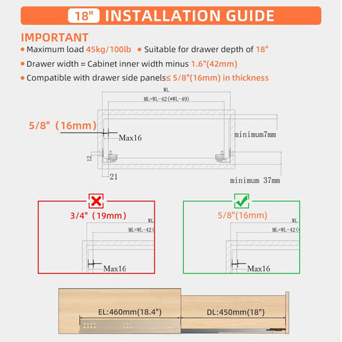 Installation guide for Bottom Mount Soft Close Drawer Slides Full Extension Concealed Rails 100 Lb Load Pair 18 Inch for frameless cabinets