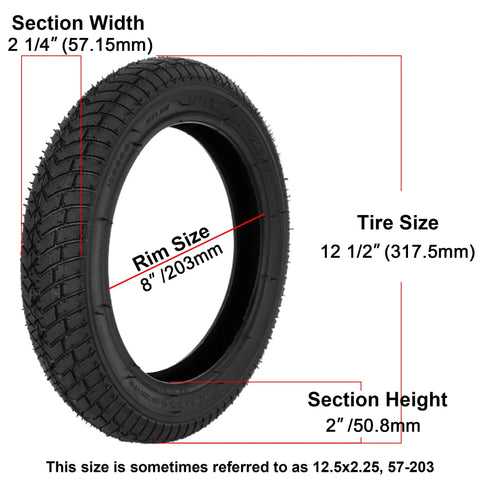 Beefed Up 12.5x2.25 Tire And Inner Tube Set For Scooters And Electric Bikes, 57-203 Replacement Tire dimensions illustration