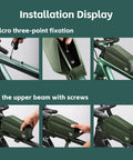 Installation of Bolt-On Top Tube Bike Bag With Magnetic Flap For Quick Access During Rides, Green, on a bicycle frame.
