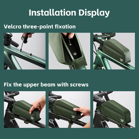 Installation of Bolt-On Top Tube Bike Bag With Magnetic Flap For Quick Access During Rides, Green, on a bicycle frame.