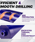 3 Inch Diamond Core Drill Bit Kit With Pilot Bit And Adapters For SDS Plus And One Half Inch Hex Five Eighths Inch Thread Nine Point Five Inch Depth Upgraded Welded Segments For Concrete Masonry Brick Block Complete Package With Dust Collection Bags showing side perforation and encrypted threads