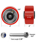 Heavy Duty Caster Wheels Set Four Inch By Two Inch Polyurethane On Cast Iron Core One Half Inch Bore Beefy Industrial Cart Toolbox Replacement Wheels Non Marking Smooth Quiet Roll Four Wheel Set with bolt and nut, dimensions marked