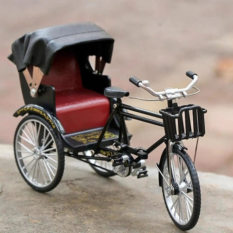 Heavy Duty Alloy Vintage Rickshaw Model With Old School Charm And Historical Precision Solid Metal Antique Tricycle Figurine showcasing details and design.
