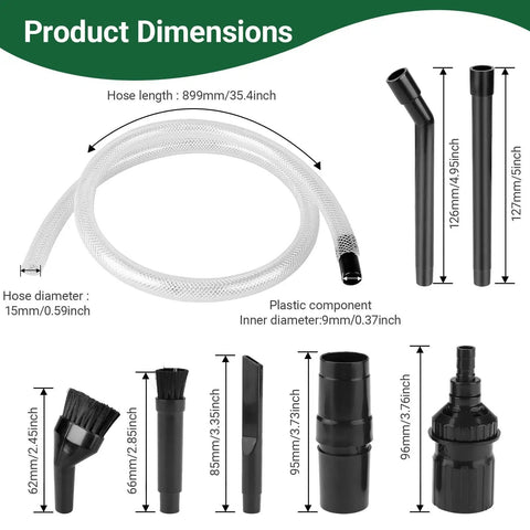All In One Micro Cleaning Kit For Vacuums, vacuum attachments including brushes, nozzles, and dimensions for 1.25-inch fit.