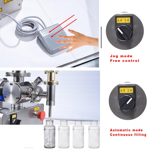 Heavy Workhorse Commercial Grade Automatic Horizontal Bottle Filler Stainless Steel Pneumatic Piston Dispenser with control pedals.