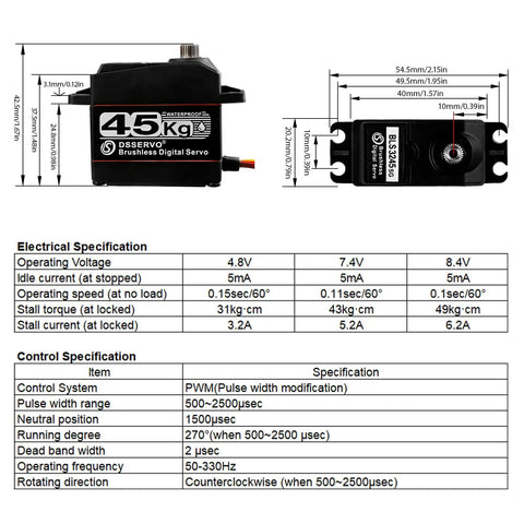 Dimensions and specifications of 45Kg Brushless RC Servo With Metal Gear High Torque For 1/10 Scale Crawlers, showing size and electrical specs.