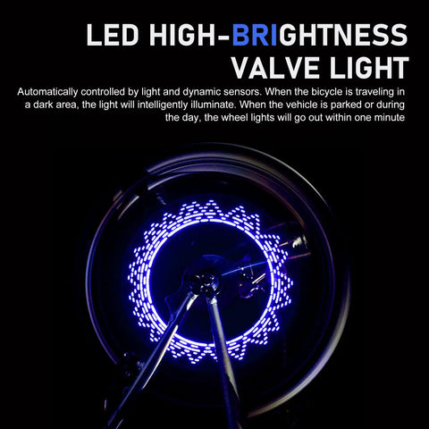 Two Pack LED Bike Wheel Lights Waterproof Spoke Lights With Neon Flashing Patterns Valve Stem Lamps For Blue Bike Tires