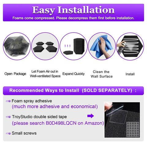 Easy installation guide for Pro Level Hexagon Acoustic Foam Panels For Recording Studio Treatment 12 Pack with decompression steps.