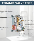 Diagram of ceramic valve core with brass water separator for Ceiling Mount Shower System With Rain Head And Handheld Spray High Pressure Chrome Faucet Set With Rough In Valve And Trim Kit Included All Metal SUS304 Build 10 Inch Wide Rain Shower Head For Spa Like Power Shower
