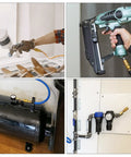 Heavy Duty One Quarter Inch Air Hose Fittings Kit with compressor and tools in use, illustrating quick connect application.