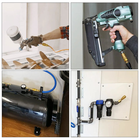 Heavy Duty One Quarter Inch Air Hose Fittings Kit with compressor and tools in use, illustrating quick connect application.