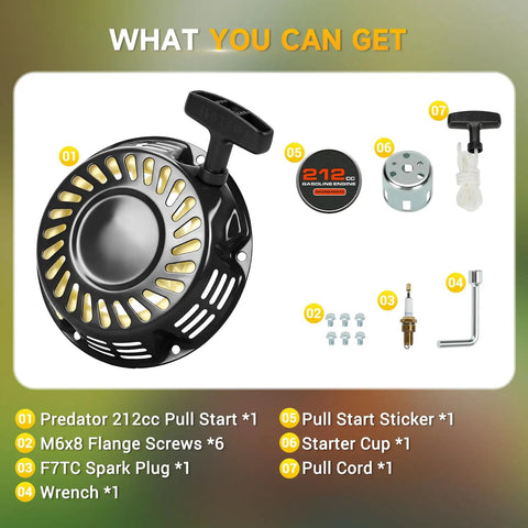 Pull Start Recoil Starter Assembly Replacement For Predator 212cc And 196cc Engines with included accessories displayed