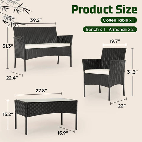 4-Piece Outdoor Patio Set In Black Wicker With Coffee Table, Weather-Resistant Rattan Conversation Set For Porch, Garden Or Lawn. Dimensions of bench, armchair, and coffee table shown.