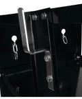 Close-up of Universal Mobile Welding Cart with storage trays and gas tank safety chains, highlighting heavy duty black steel frame