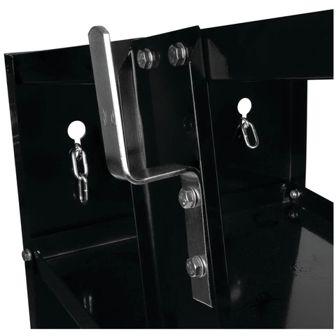 Close-up of Universal Mobile Welding Cart with storage trays and gas tank safety chains, highlighting heavy duty black steel frame
