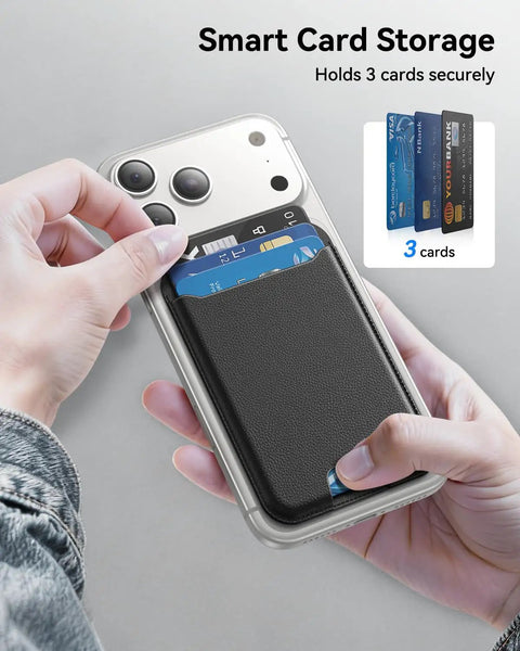 Person holding iPhone with black MagSafe Wallet for iPhone 12 13 14 15 16 17 Pro Max and Plus Air Series, holds 3 cards.