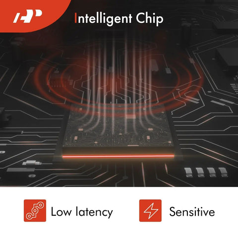 Graphic of intelligent chip on circuit board with low latency and sensitive features highlighted