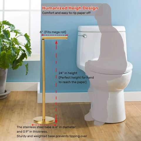 Freestanding Toilet Paper Holder Stand With Reserve For Four Spare Rolls, Sturdy Base, Stainless Steel Construction With Brushed Nickel Finish next to toilet.