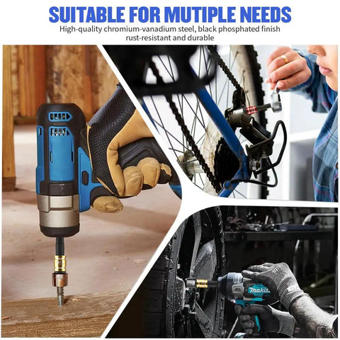 Heavy Duty 3 Piece Impact Socket Adapter Set With One Quarter Inch Hex Shank Chrome Vanadium Steel Drill Extension in use on various tools