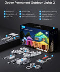 Year-Round 100Ft RGBIC Permanent Outdoor Lights 2 package with components shown, IP67 waterproof, Alexa and Google Assistant compatible.