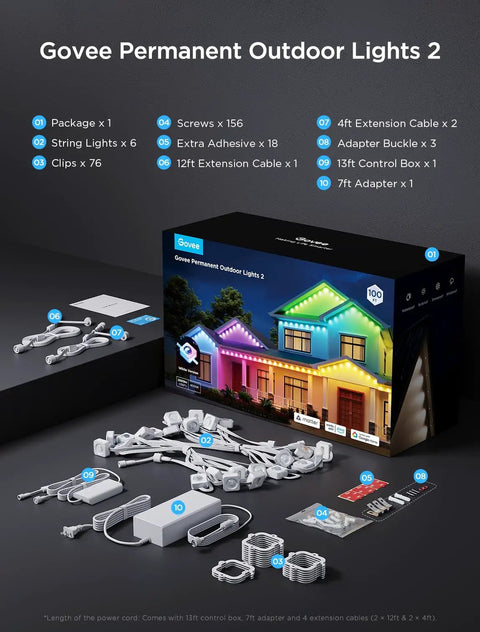 Year-Round 100Ft RGBIC Permanent Outdoor Lights 2 package with components shown, IP67 waterproof, Alexa and Google Assistant compatible.