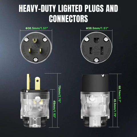 8 Piece Lighted Extension Cord End Replacements Set For NEMA 5-15P To NEMA 5-15R, 15 Amp 125 Volt, 2 Pole 3 Wire Grounding, Straight Blade, 360 Degree LED Power Indicator, DIY Friendly, UL Listed, Black, front and side view