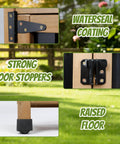 Close-up of hinges, stoppers, and raised base of Tough As Nails Built To Last Outdoor Storage Cabinet Waterproof Weatherproof Wood And Metal Shed With Lockable Doors And Adjustable Shelves For Patio Backyard Garden Tools And Accessories Brown.