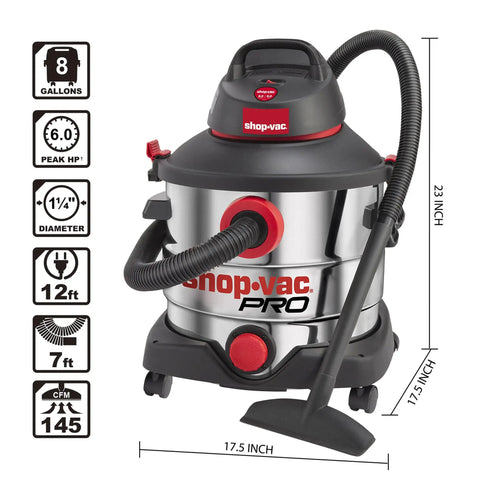 8 Gallon 6 Peak HP Wet Dry Vacuum For Home Garage And Workshop With Built In Drain And Multifunction Attachments