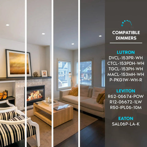 Living room with 4 Inch Ultra Thin Square LED Recessed Lights Pack Of 4, 12W Dimmable Downlights, furniture, and compatible dimmer list.