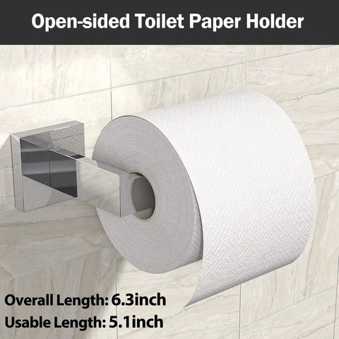 Open-sided toilet paper holder in Dope Modern Square Polished Chrome Bathroom Hardware Set With 24 Inch Towel Bar Wall Mounted Four Piece SUS304 Stainless Steel Bath Accessories For Everyday Use, 6.3 inch length.