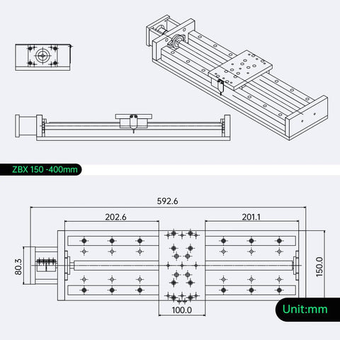 Technical diagram of 400mm Travel CNC Linear Stage Motion Actuator With X, Y, Z Axis Cross Sliding Table dimensions and structure