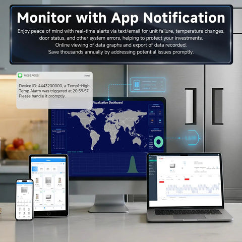 Rock Solid 72 Cubic Foot Commercial Reach In Fridge With Plug And Play Smart Wifi App Control 82 Inch Two Section Cooler Stainless Steel digital monitoring display with app notifications