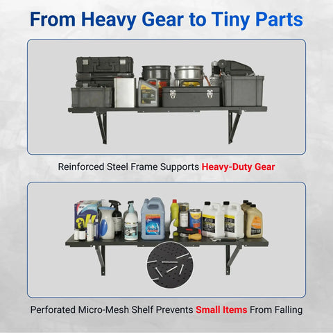 Two Pack 1x6ft Perforated Garage Shelving System With Beefy Duty Wall Shelves 1400 Lbs Total Load 700 Lbs Per Tier Two 1x3 Ft Shelves Per Tier Easy Mount Great For Quick No Nonsense Garage Organization, steel wall shelf with garage tools and supplies