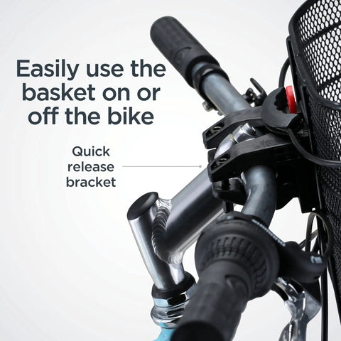 Quick Release Wire Bike Basket For Adults Black Weather Resistant with mounting hardware on bicycle handlebar