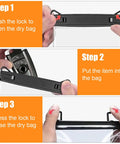 Instructions for Two Pack Submersible Waterproof Key Fob Case And Small Pouch showing locking mechanism and inserting items.