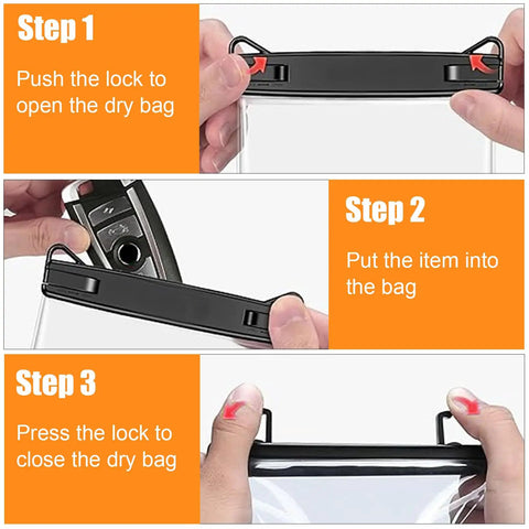 Instructions for Two Pack Submersible Waterproof Key Fob Case And Small Pouch showing locking mechanism and inserting items.