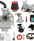 PZ20 Carburetor Kit For 125cc 110cc Chinese ATVs And Go Karts with starter motor, ignition coil, solenoid relay, air filter, and tools.