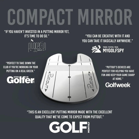 Compact Putting Mirror for Golfers That Lets You Check Your Face at Address, reviews from golf magazines displayed
