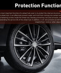 Close-up of premium silver wheel center cap on a modern SUV rim. Level Up Your Ride With Premium Silver 4 Pcs Wheel Center Caps Universal Fit For Trucks And Suvs Snap In Rim Hub Covers Abs Build Installation For A Clean Car Setup.