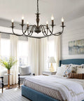 Six Light Black Farmhouse Chandelier With Rustic Industrial Iron Build Modern Metal Candle Style Ceiling Light in bedroom