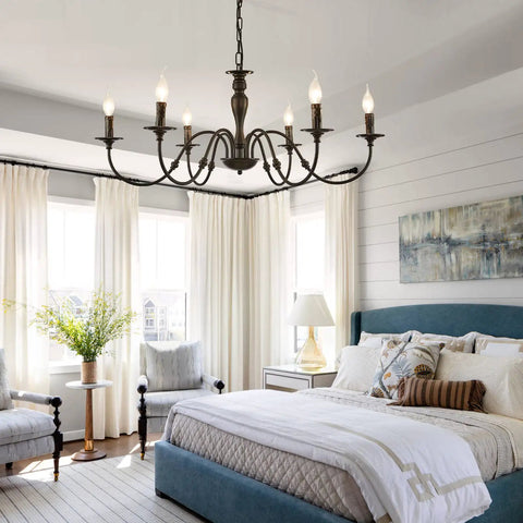 Six Light Black Farmhouse Chandelier With Rustic Industrial Iron Build Modern Metal Candle Style Ceiling Light in bedroom