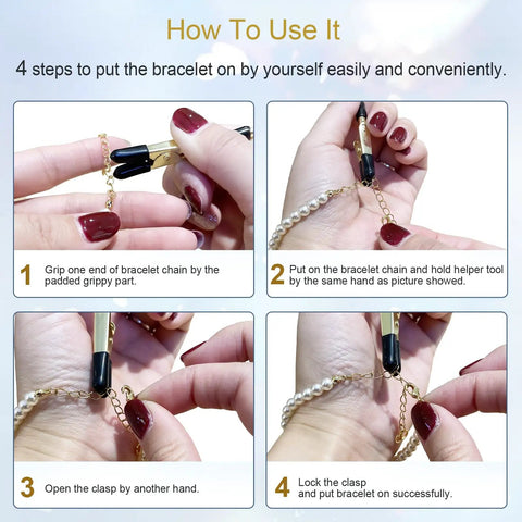 Step-by-step guide using Three Piece Bracelet Helper Tool Set With Quick Release Hooks for jewelry and chains fastening.