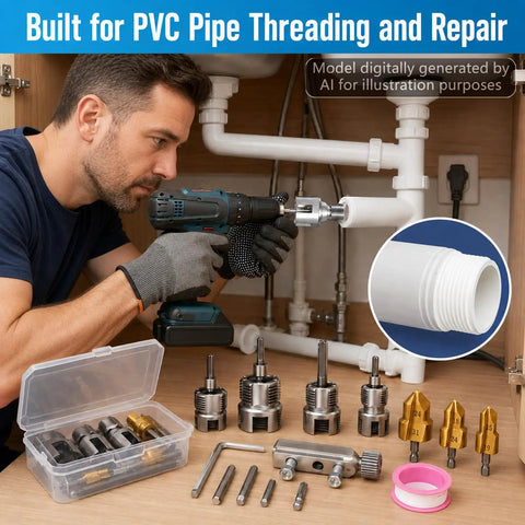 All In One Pro Grade PVC Pipe Threading Tool Kit With Internal And External Reamers, Broken Bolt Extractor, Universal Thread Extractor, Thread Seal Tape, And Case For Half Inch, Three Quarter Inch, And One Inch PVC Plumbing DIY Gift used on white PVC pipe
