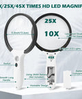 Handheld Illuminated Magnifier With 10x 25x 45x Zoom And 12 LED Lights, showing 5.2-inch lens and battery compartment.