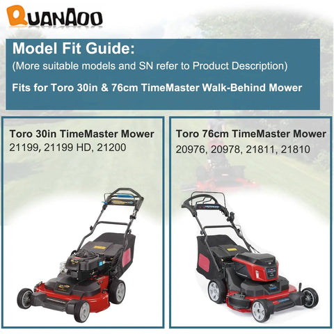 Model fit guide for Toro TimeMaster 30in & 76cm walk-behind mowers showing compatible models with product visuals.