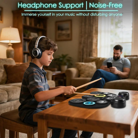 Child playing Nine Pad Electric Drum Set With 7 Color LED Lights Bluetooth MIDI Support Extra Thick Pads at home